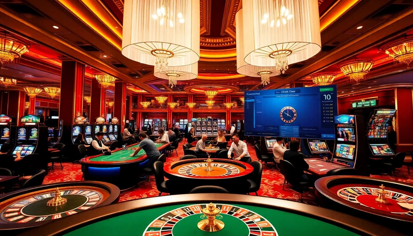 Experience thrilling gaming at https://8day.reisen/, showcasing luxurious casino tables and vibrant slot machines.