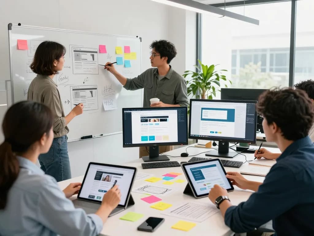 Interactive web design team collaborating on creative digital layouts with modern tools and vibrant atmosphere.