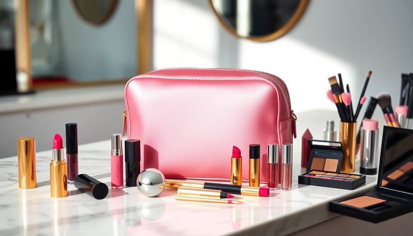 Showcasing skone cosmetics signature makeup bag with elegant makeup products nearby.