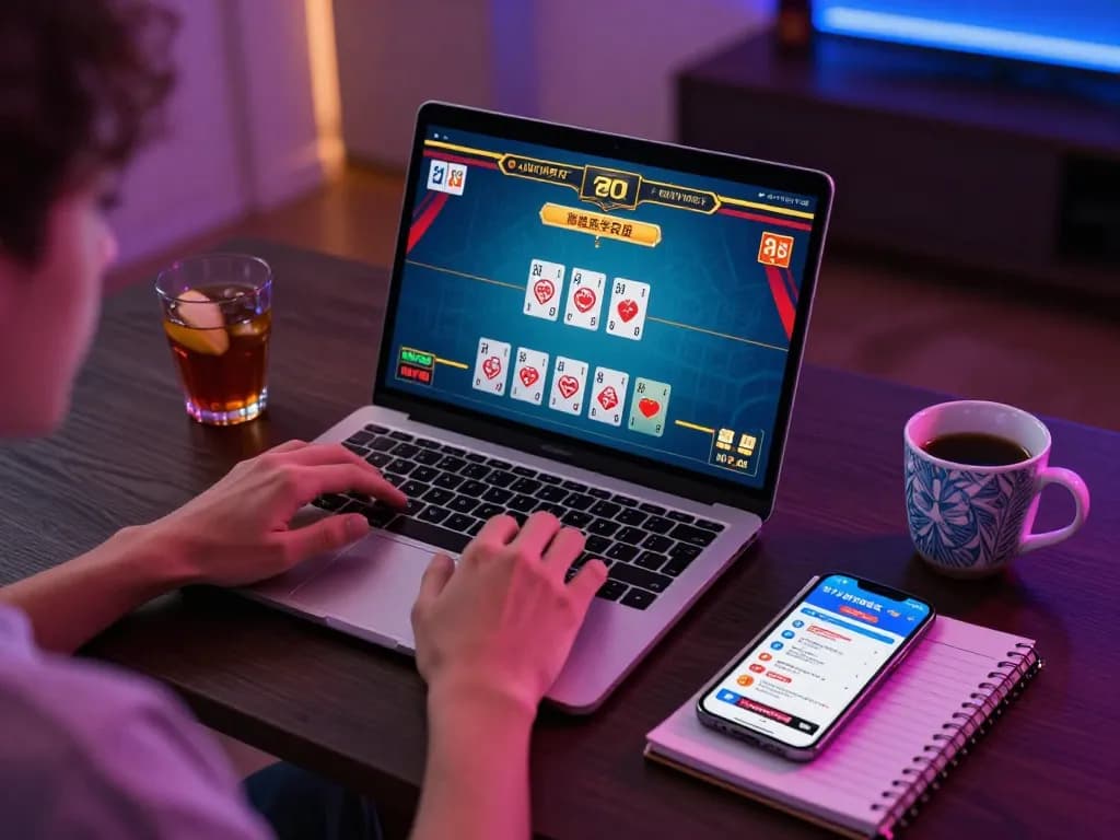Engaging in online gaming with ww88, showcasing a dynamic laptop casino interface and lively atmosphere.