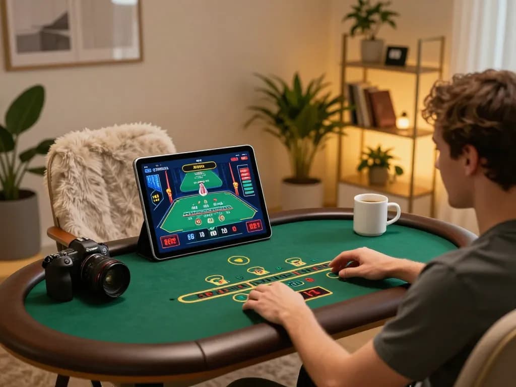 Người chơi B52 club tận hưởng trò chơi blackjack với người chia bài trực tiếp trên thiết bị máy tính bảng ấm cúng tại nhà.