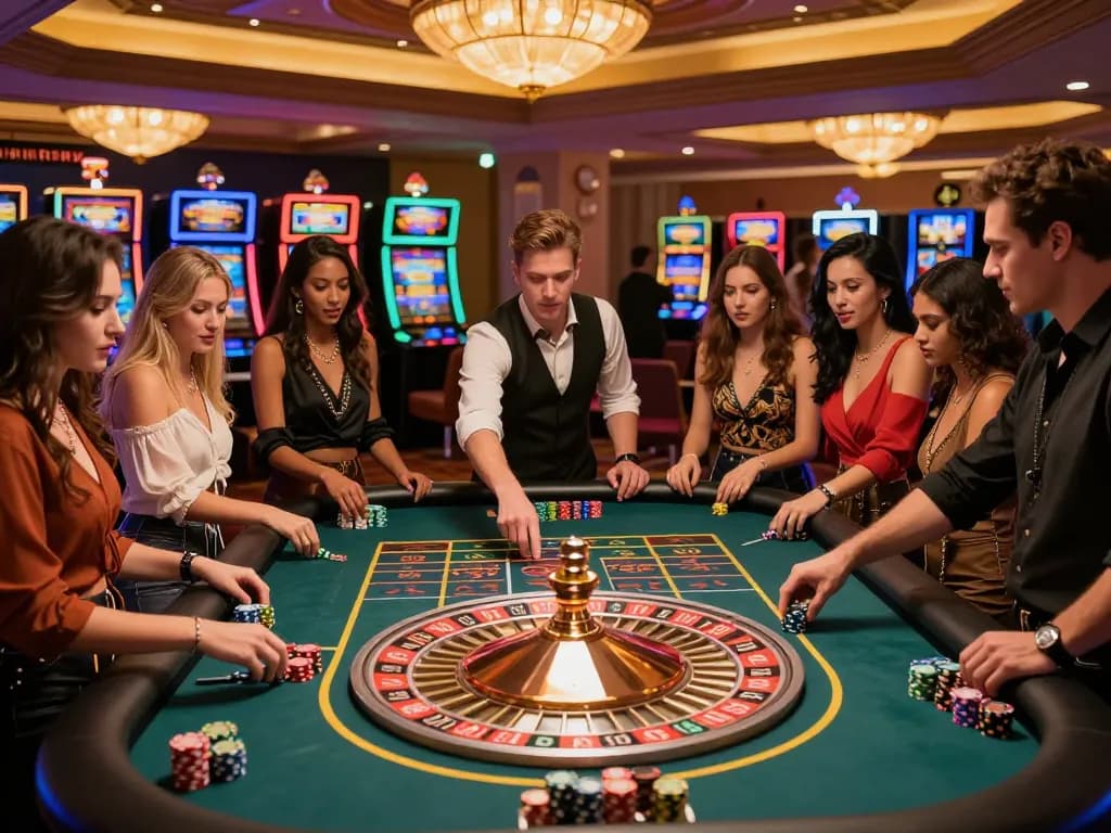 Excited gamblers placing their bets at a lively roulette table at OPEN88 casino.