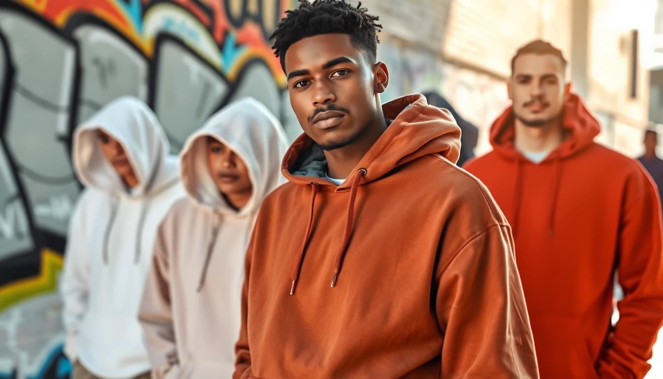 Young model showcasing stylish blank hoodies against a colorful urban backdrop.