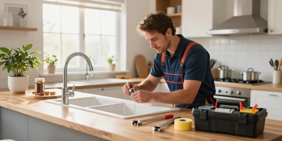 Residential plumbing San Diego professional fixing a kitchen sink leak in a modern home.