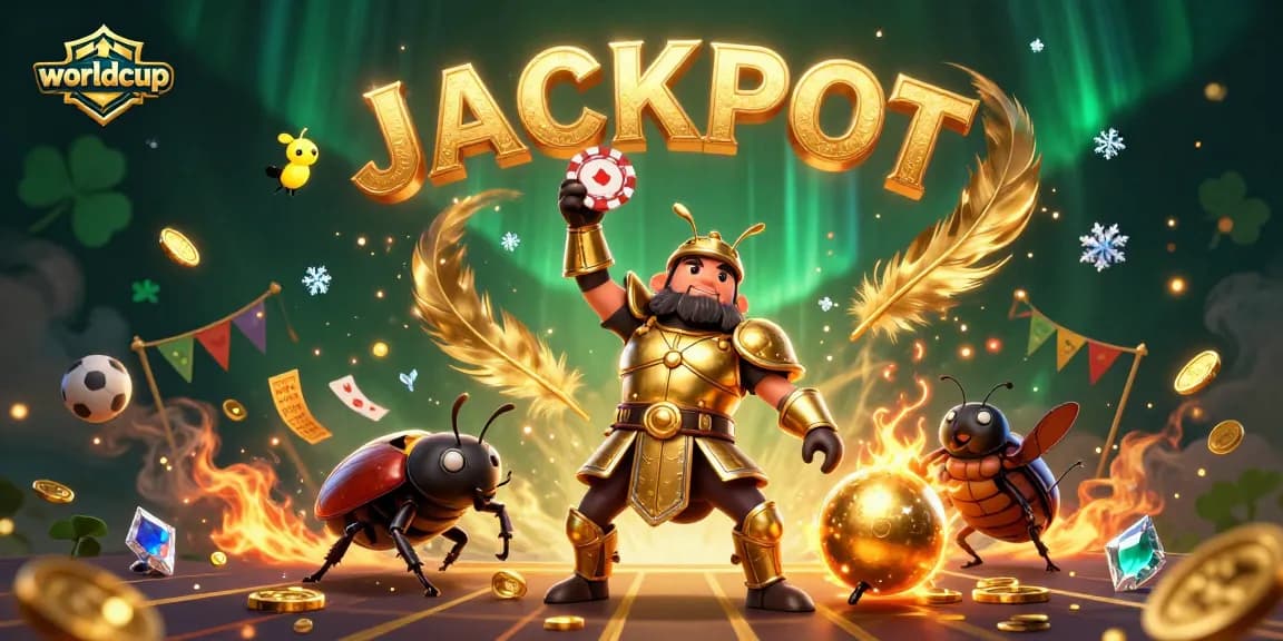 Join the excitement of worldcup-themed games with a victorious beetle champion lifting a poker chip.