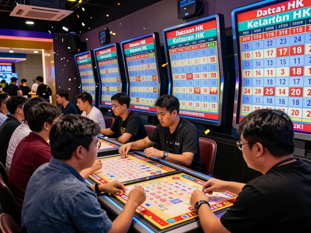 Pemain yang antusias menganalisis hasil lotere Data HK di tempat taruhan yang meriah.