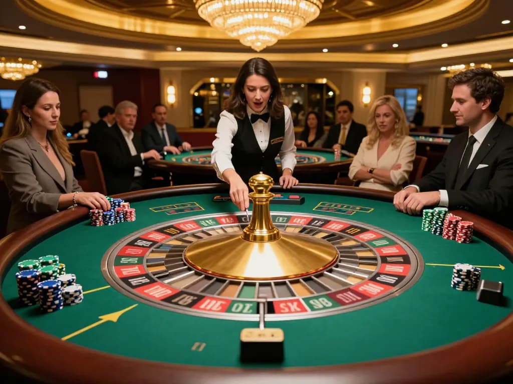 Spinning roulette wheel at a luxurious casino table featuring uk88 com's exciting gameplay
