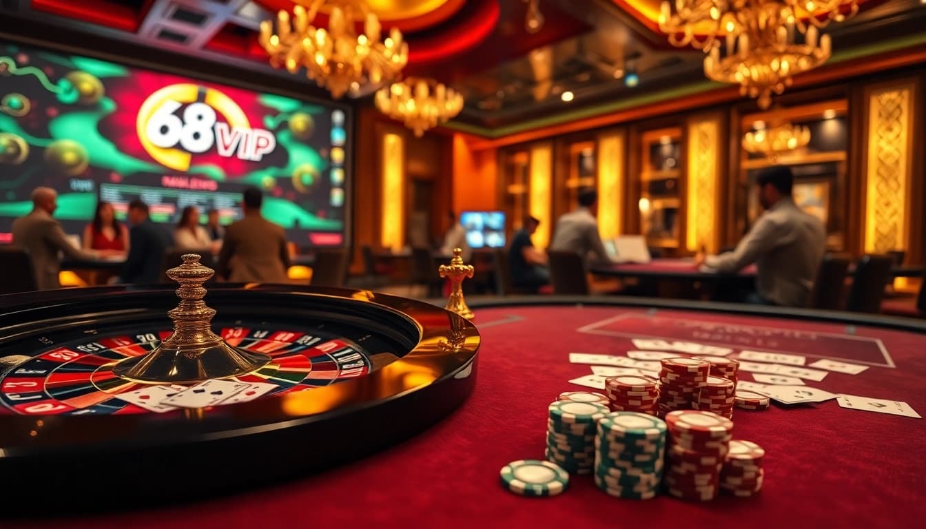 Experience the thrilling atmosphere of 68VIP with a vibrant casino scene showcasing poker chips and roulette.