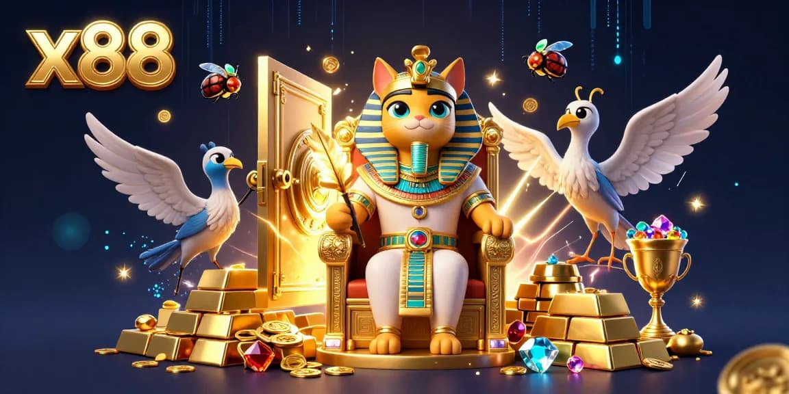 x88 showcases a vibrant scene with a pharaoh cat character and gambling elements surrounding it.
