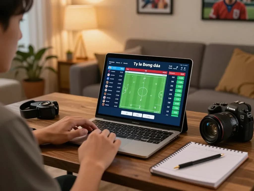 A person analyzing ty le bong da odds on a tablet while enjoying a cozy home environment.