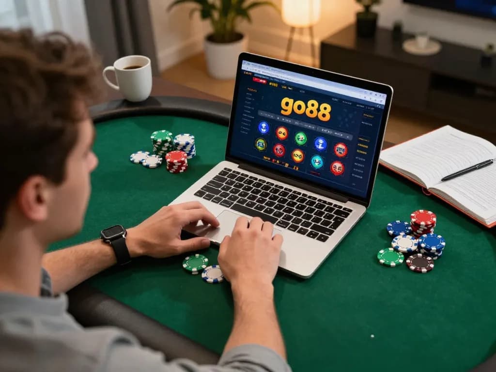 Join the excitement of go88 online poker as players strategize in a cozy home setting, emphasizing responsible gaming.