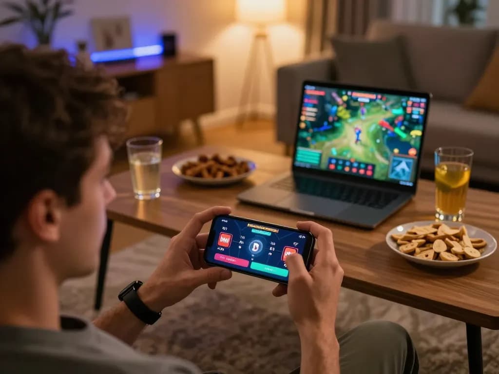 IWIN player engaged in dynamic online gaming on smartphone in a cozy home setting