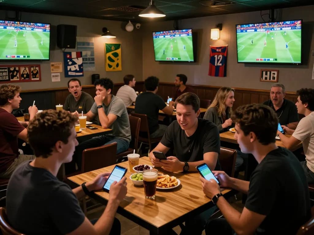 Socolive trực tiếp bóng đá enhances sports betting atmosphere, fans cheering with smartphones analyzing betting strategies.