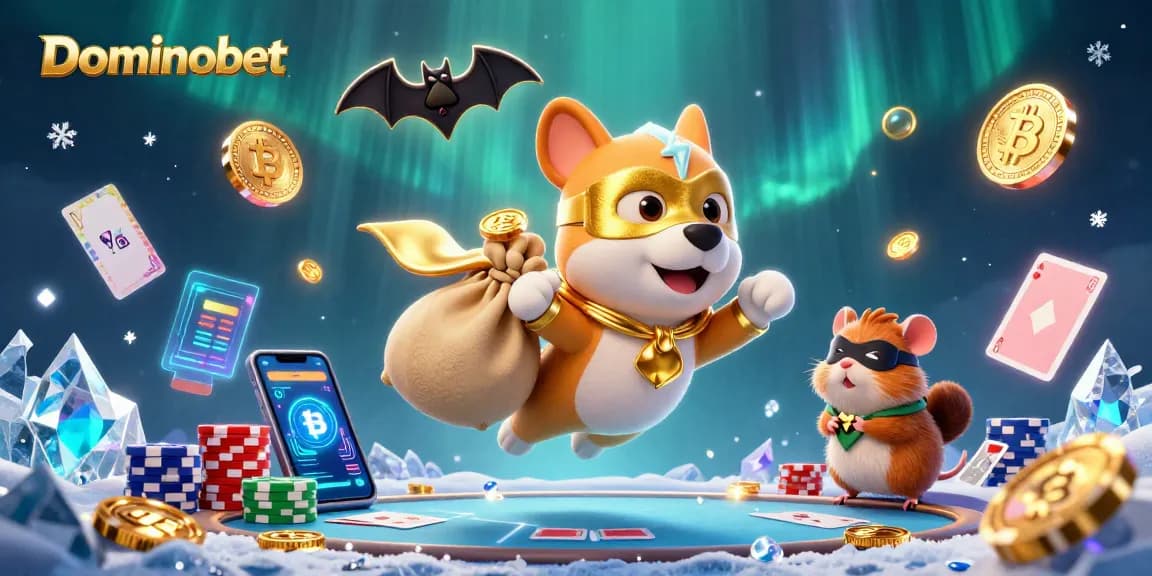Experience poker action with Dominobet as a superhero dog flies through a vibrant casino scene.