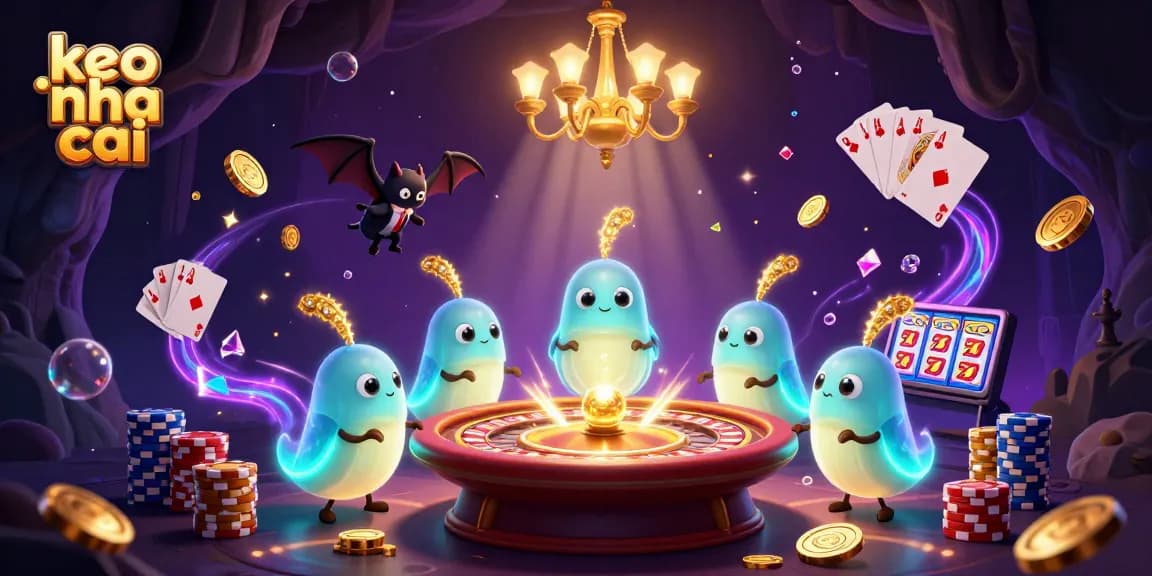 Experience keo nha cai action with a vibrant cave casino lit by glowing characters, showcasing dynamic gaming elements.
