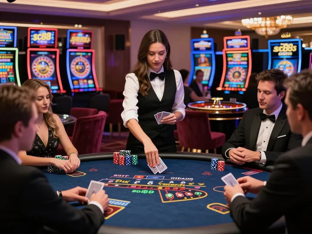 Exciting casino scene at https://sc88.casino/ showcasing stylish dealer and eager players in a vibrant gaming atmosphere.