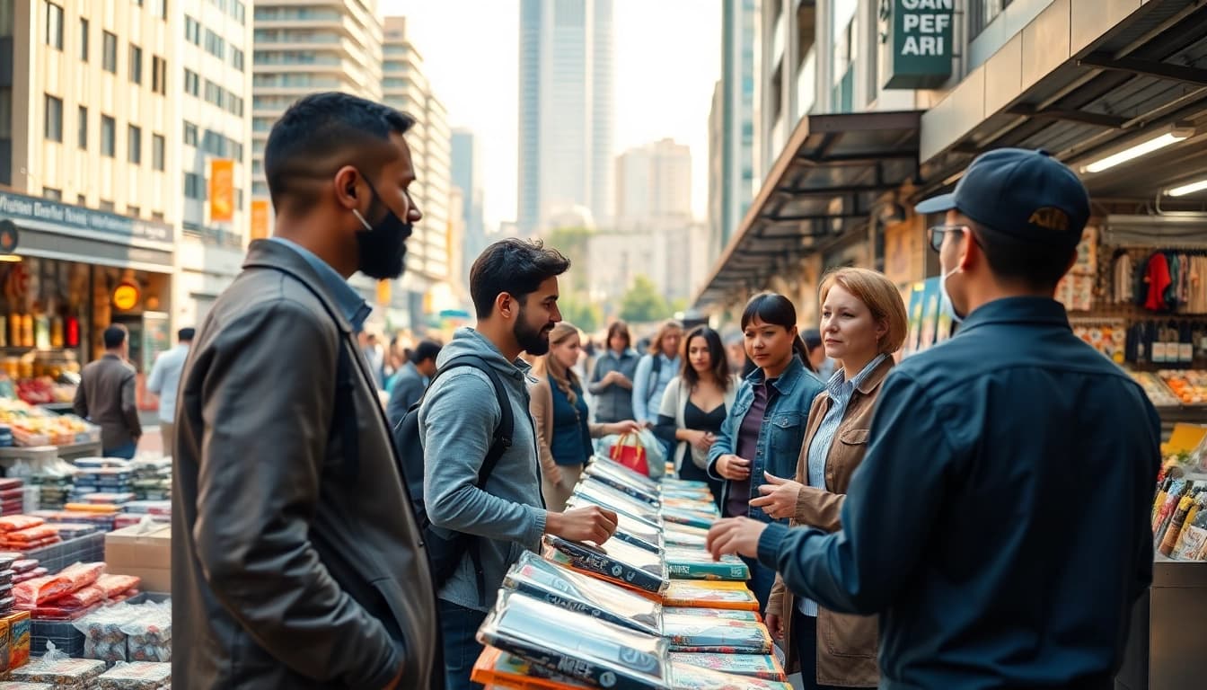 Engaging scene of modern trade in a bustling marketplace with diverse people interacting.
