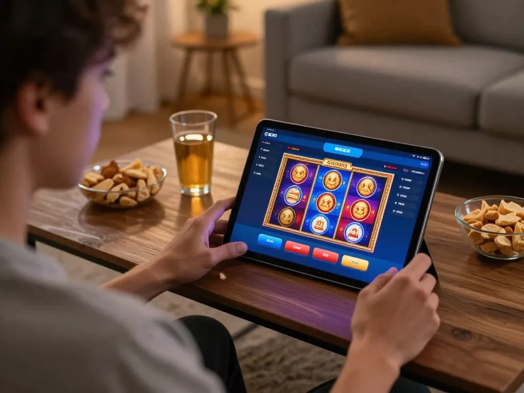 Player enjoying dynamic gameplay with the EQ9 app on a tablet at home, showcasing online casino excitement and engagement.