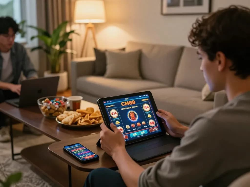 Engaged player using CM88 app for online casino gaming in a cozy home setting