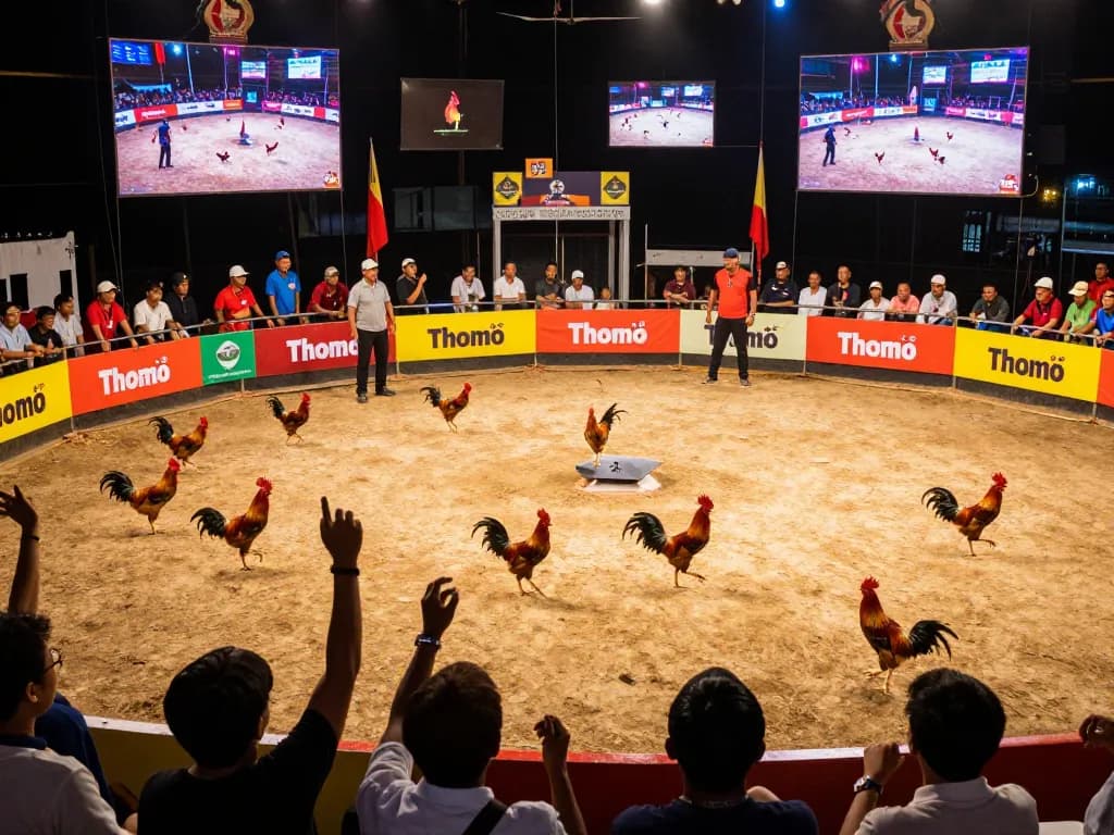 Watch exciting đá gà thomo cockfighting matches live with vibrant spectators at the arena