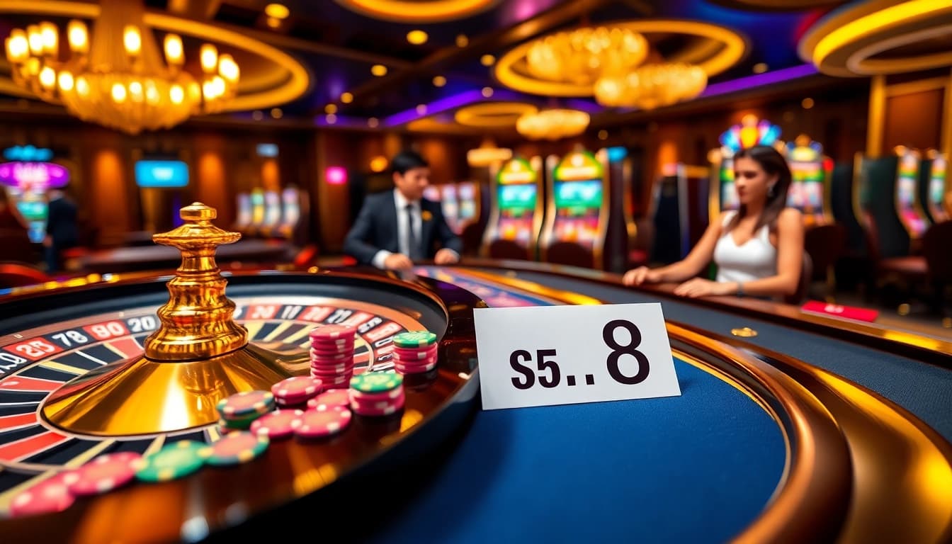 S8 betting slip on a luxurious casino table surrounded by poker chips and slot machines.