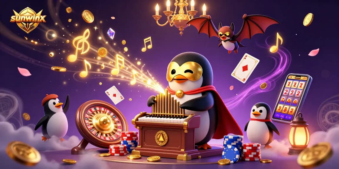 Experience the thrills of sunwinx with a vibrant 3D scene showcasing a penguin in a golden mask, coins flying, and magical elements.