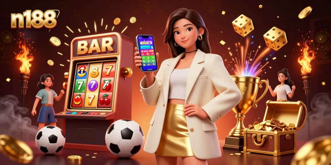 Experience n188 with a dynamic Asian woman betting on sports, surrounded by vibrant casino elements.