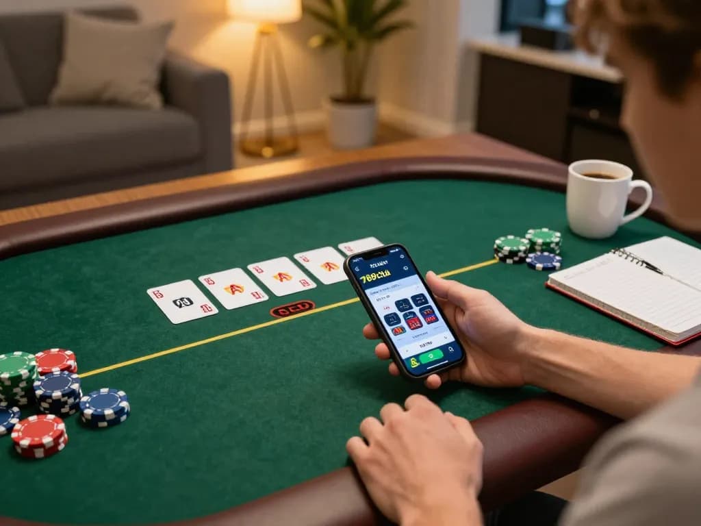 Player engaged with the 789club app during an online poker game in a cozy living room.
