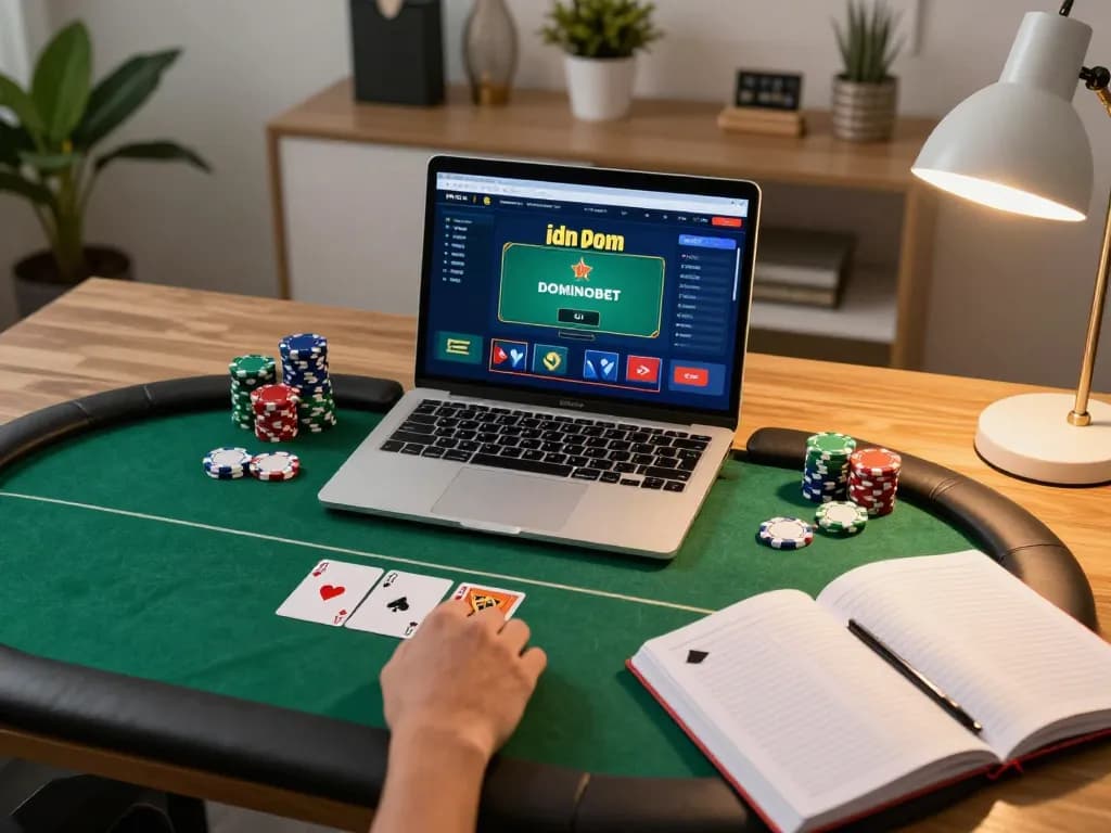 Engaging play on idn poker dominobet with vibrant chips and cards in a cozy online gaming setup.