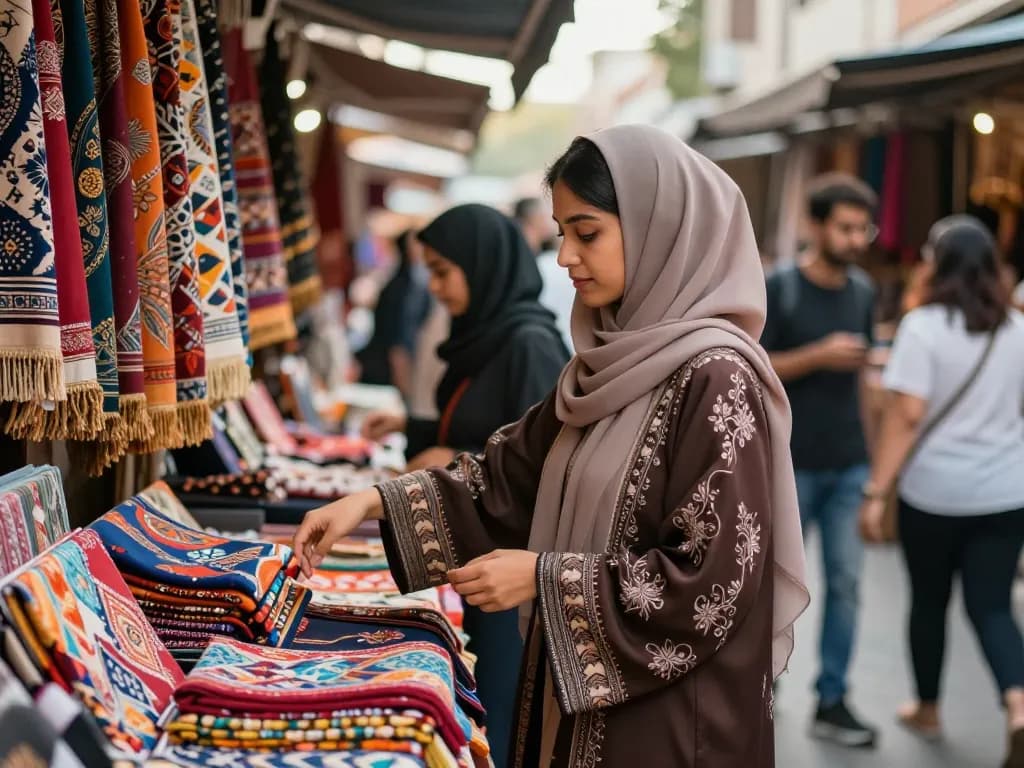 Exploring the differences in burka vs abaya at a vibrant fabric market.