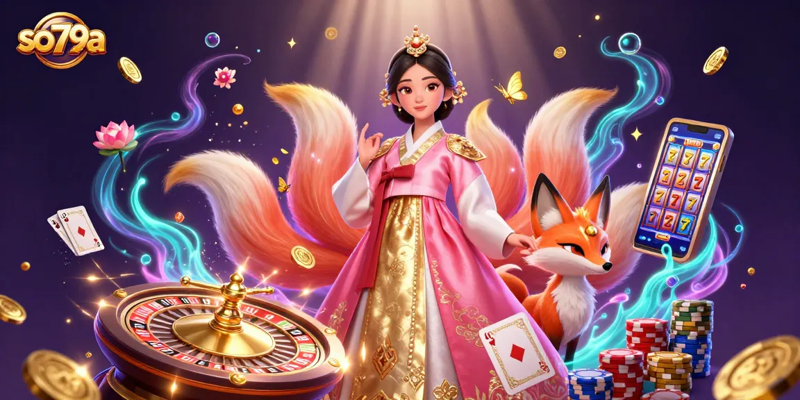 so79a showcases an elegant woman in a hanbok with a lucky fox, surrounded by casino elements and vibrant details.