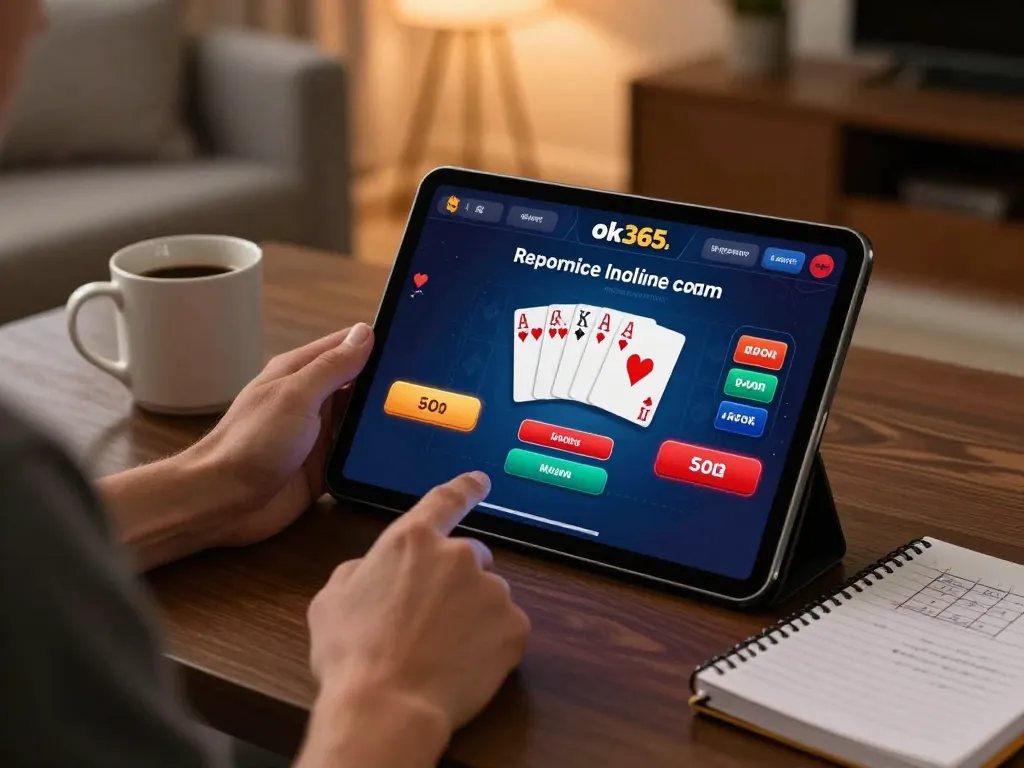 Person engaging with live casino games on ok365.br.com, showcasing a vibrant poker interface in a cozy home setting