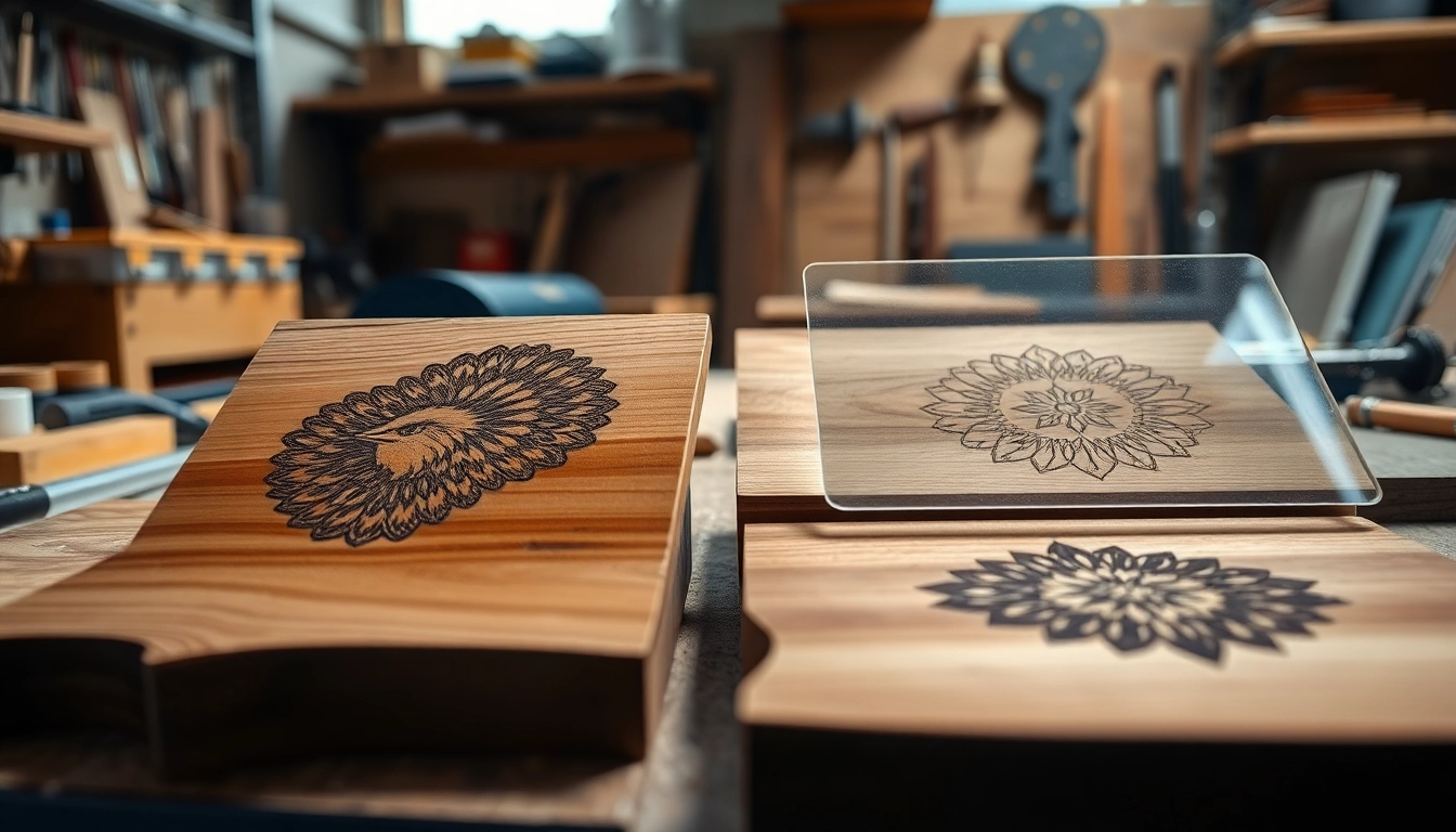 Engaging laser engraving designs on wood and acrylic surfaces displayed in a workshop setting.