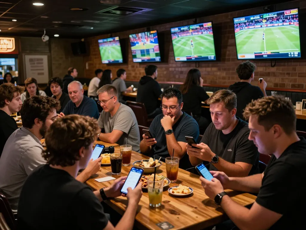 Sunwin betting patrons engaged in lively sports event while checking apps at a vibrant sports bar.