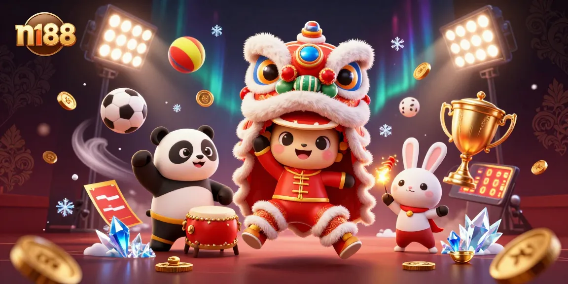Play thrilling games at n188 with the energetic lion dance amidst festive celebrations and sports elements.