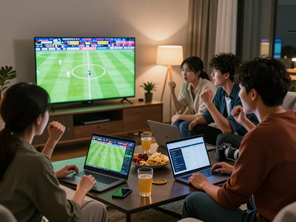 Kèo nhà cái updates visible on devices during a lively football match viewing party.