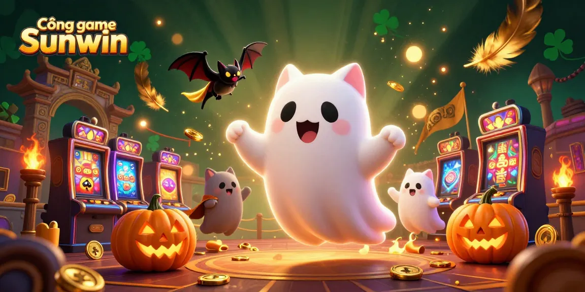 Cổng game Sunwin presents a lively 3D illustration featuring a ghost cat and vampire bat in a vibrant casino atmosphere, surrounded by golden elements.