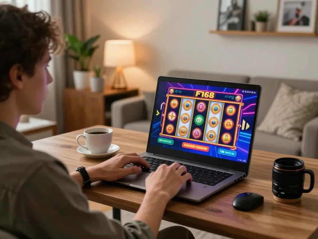 Engaged player experiencing F168 online casino gaming at home with a colorful slot machine on screen.