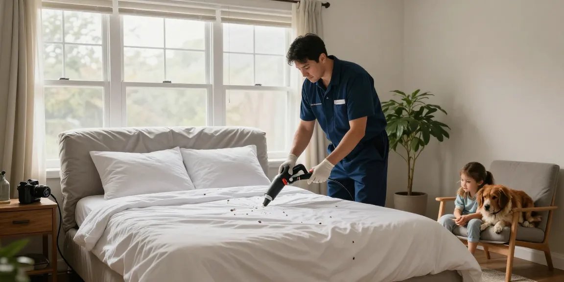 bed bug exterminators inspecting a cozy bedroom with professional equipment