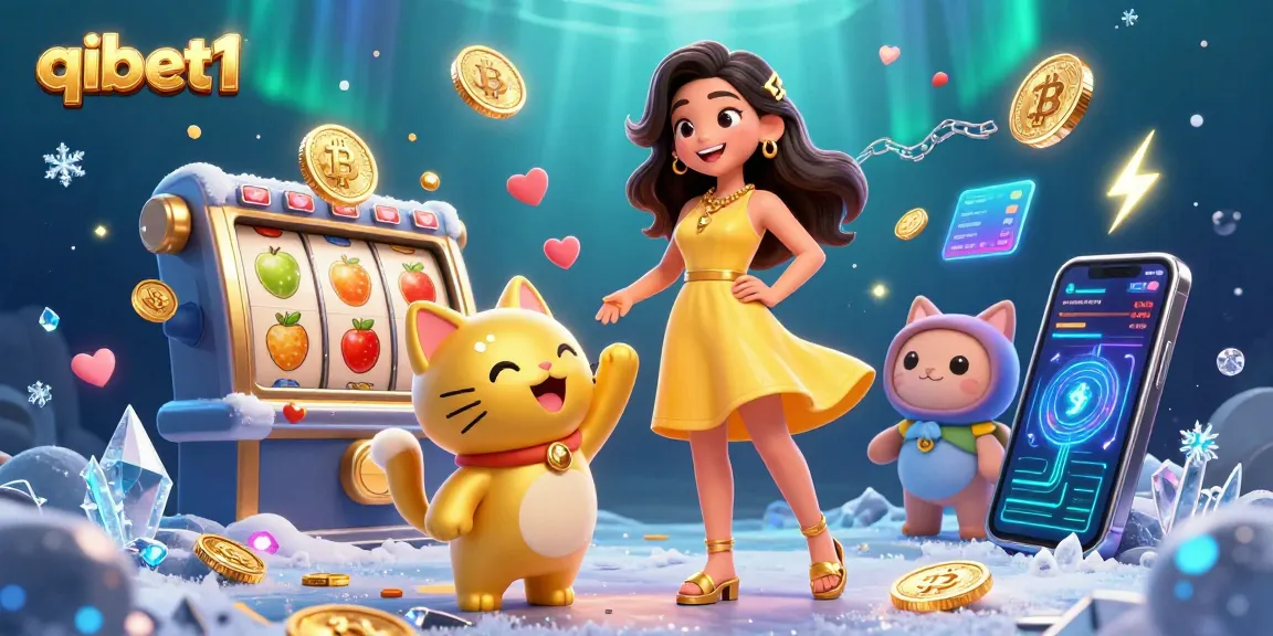 Experience the exciting world of qibet1 with vibrant slot reels and a cheerful mascot.