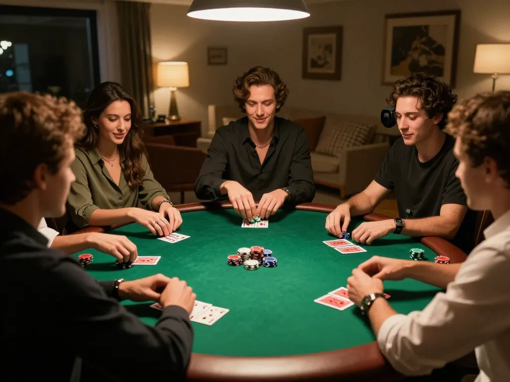 Players enjoying a go88 poker night at home, capturing lively gameplay and camaraderie in a warm atmosphere.