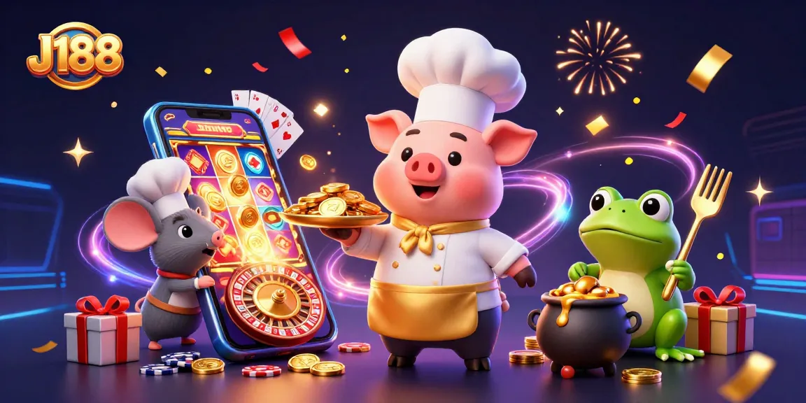 Experience J188's gourmet coins served by a chef pig amidst vibrant slot game elements.