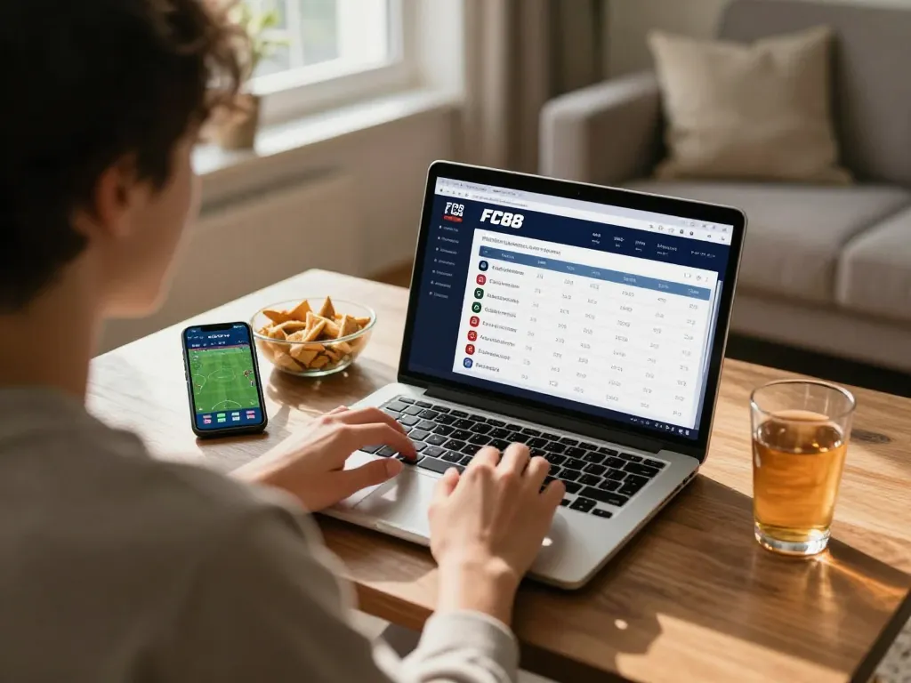 Engaging sports betting scene with FC88 interface on laptop, showcasing responsible gaming at home.