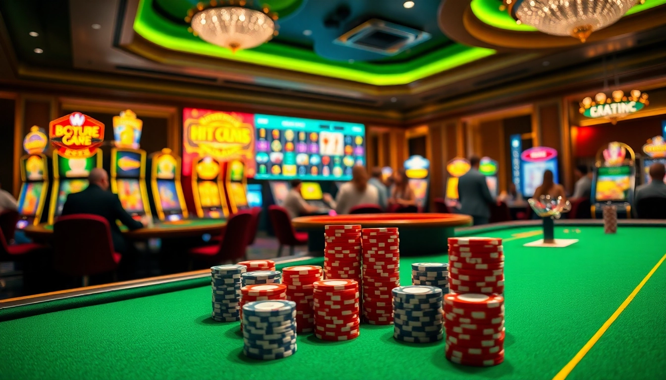 Exciting gambling action at https://hitclub.miami/ showcasing poker tables and slot machines.