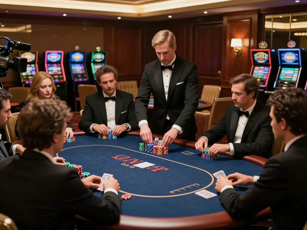 vipwin poker players strategizing bets at an upscale table in a luxury casino