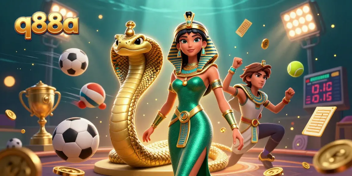 Betting excitement with q88a in a vibrant casino scene featuring a stunning woman and golden cobra.