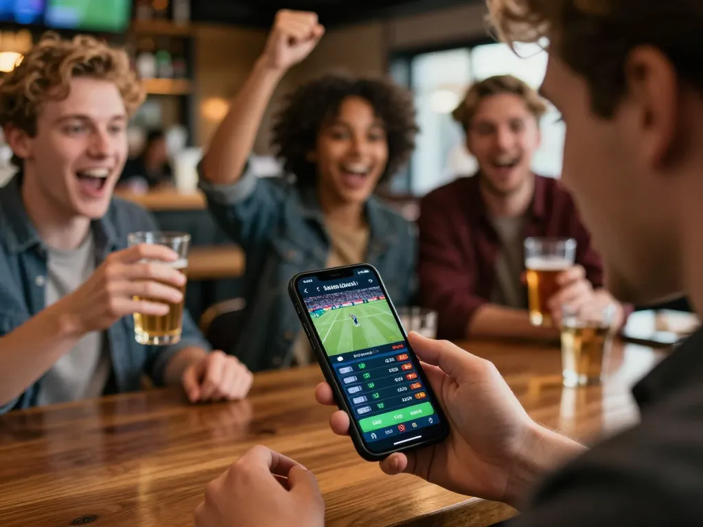 Kong88 user tracking live sports betting odds on smartphone amidst lively bar atmosphere.