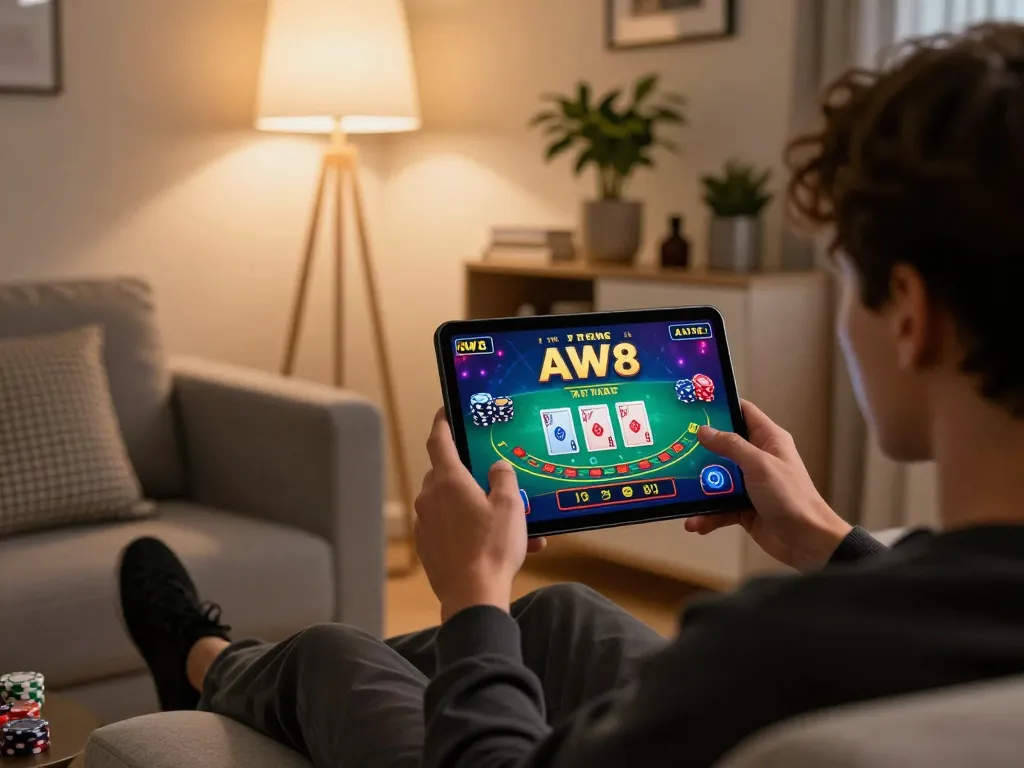 Engaging mobile gameplay on AW8 casino app showcasing live dealer blackjack action in a cozy home setting