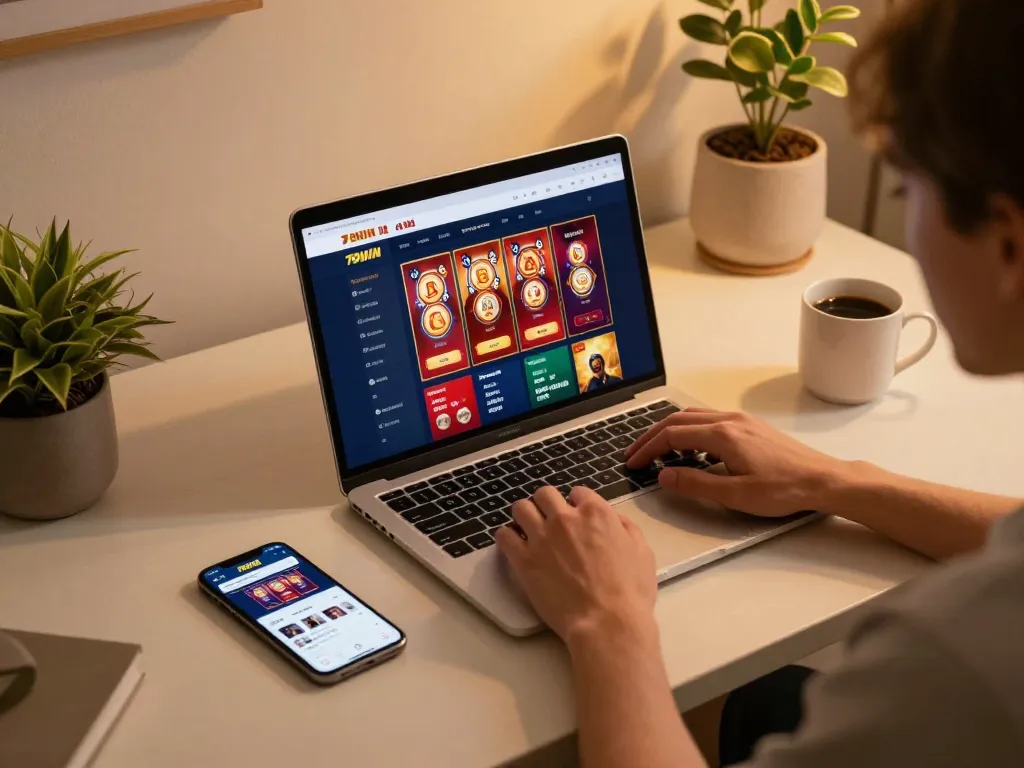 Engaged player using 78WIN on a laptop with cozy home ambiance, showcasing online casino gaming.