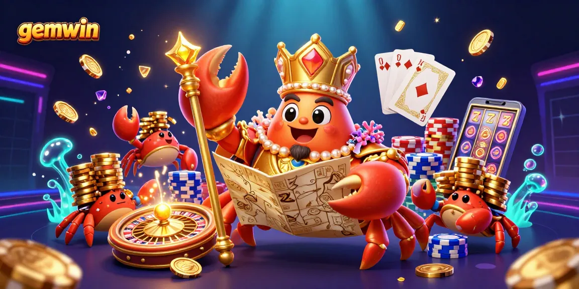 Experience the excitement of gemwin with a vibrant 3D illustration of a crab emperor, casino elements, and dazzling treasures.